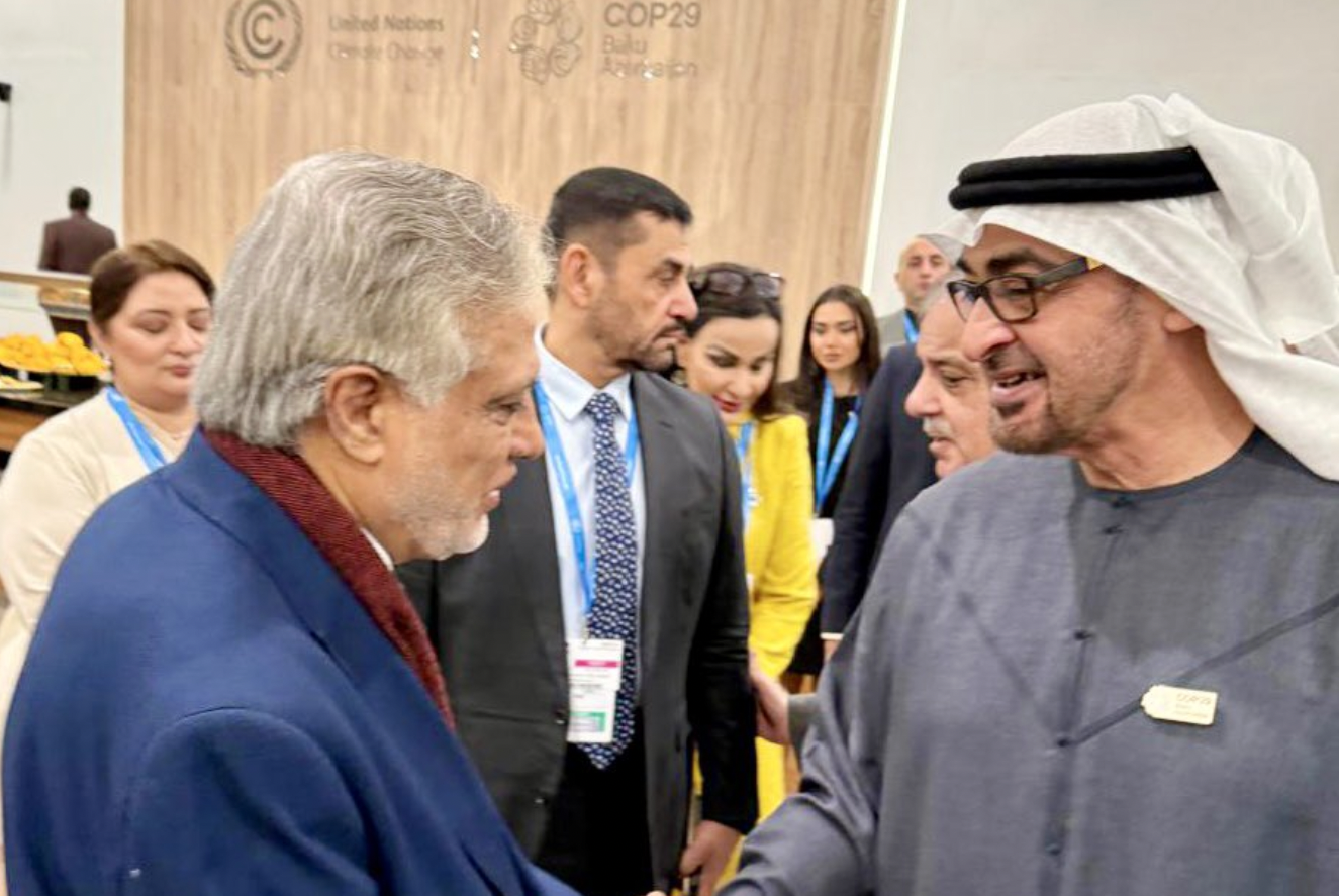 President of the UAE Sheikh Mohamed bin Zayed Al Nahyan and Pakistan's Foreign Minister Ishaq Dar on the sidelines of COP29. (File Photo: X/@MIshaqDar50)